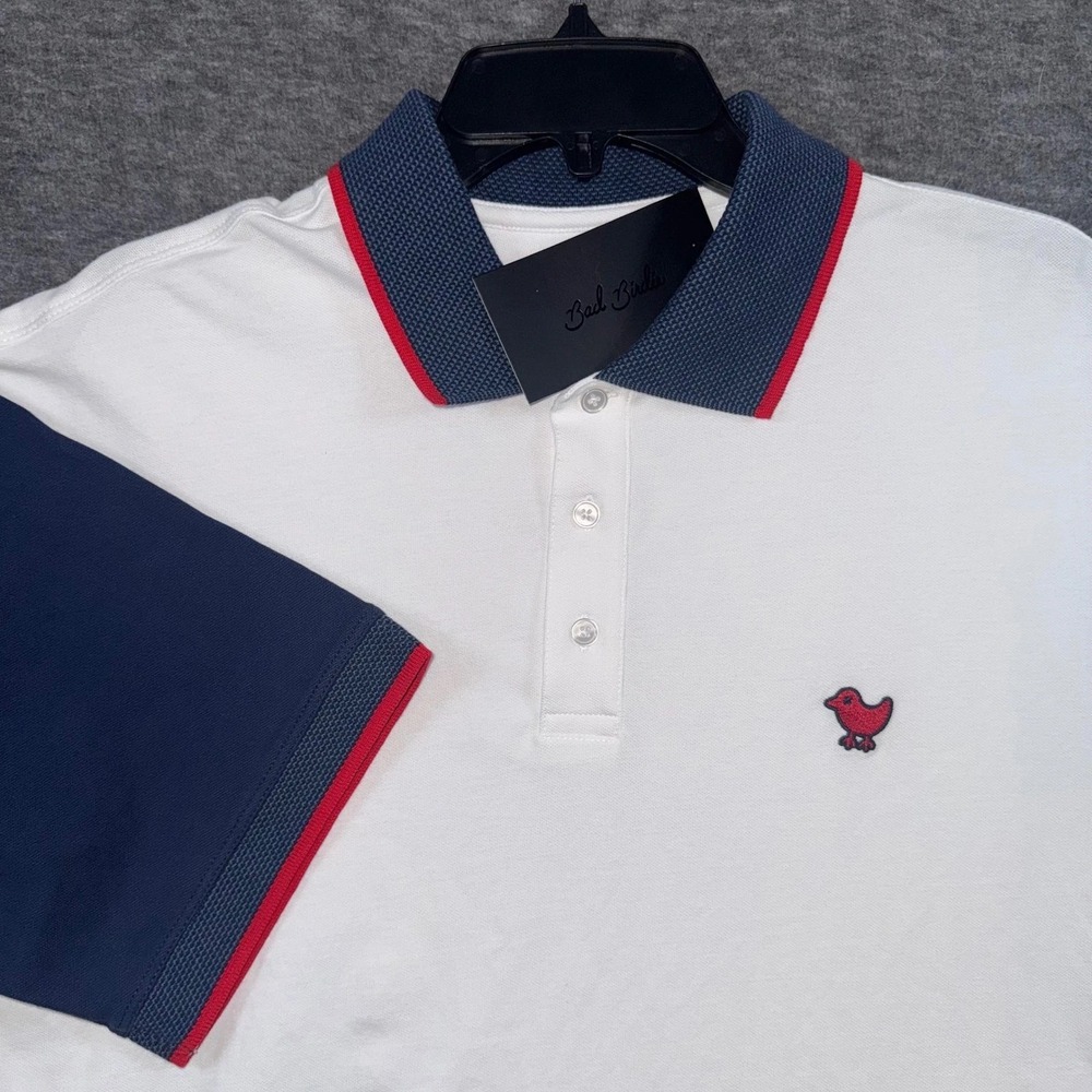Bad Birdie Shirt Pique Polo Mens L White Navy Red‎ Cotton Golf NEW